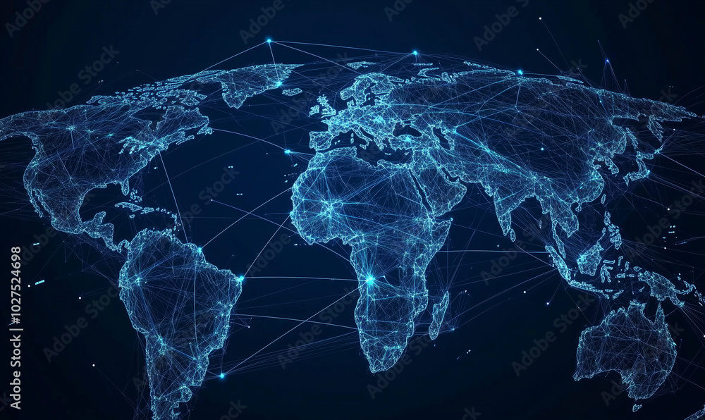 Poster a blue map of the world with glowing lines connecting various countries, representing global connect