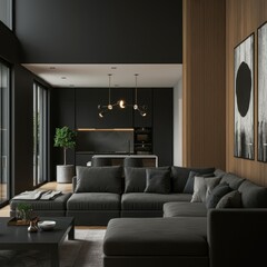 Obraz premium Minimalist interior design of modern apartment, living room with barn wood paneling wall.