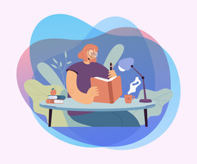 Woman writing in notebook. Female student reading book and taking notes. Girl keeping diary. Vector illustration for journal, studying, education concept