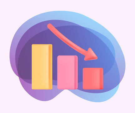Crisis drop of arrow down following decrease in chart 3D icon. Descending graph with colorful bars 3D vector illustration on abstract background. Decline, negative forecast concept
