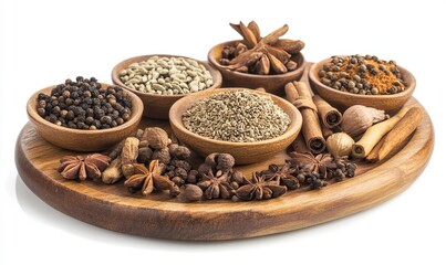 A collection of various spices, including black peppercorns, star anise, cinnamon sticks, cloves, cumin, coriander, and nutmeg, arranged in small wooden bowls
