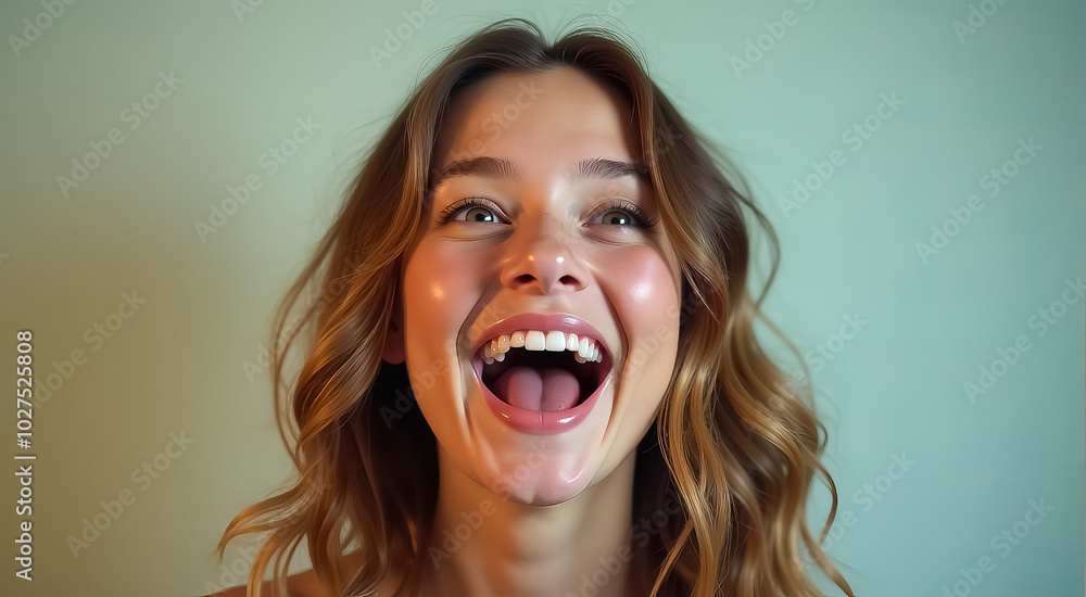 Poster A woman with long blonde hair is smiling and has her mouth open