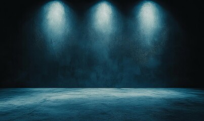 A dark room with a concrete floor and three spotlights shining on the wall.