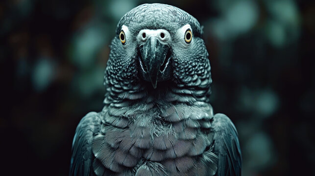 A close-up portrait of a gray parrot with yellow eyes looking directly at the camera.