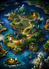 Obraz premium a color game map of the islands of the world with rivers and mountains located on it
