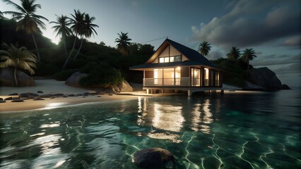 Obraz premium a lonely house on the shore of an island by the sea in beautiful nature