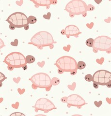 Fototapeta premium Cute turtles with hearts illustration seamless pattern