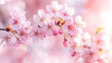 Fototapeta premium A serene close-up of pink cherry blossoms in soft focus, capturing the delicate beauty and tranquility of spring flowers.