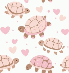 Fototapeta premium Cute turtles with hearts illustration seamless pattern