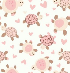 Cute turtles with hearts illustration seamless pattern