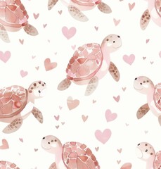 Cute turtles with hearts illustration seamless pattern