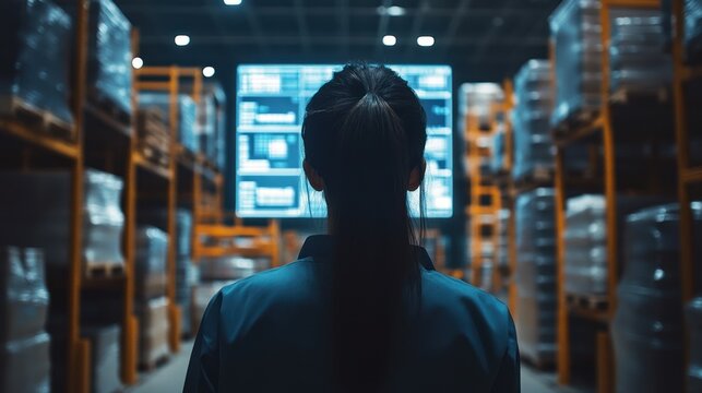 Female warehouse worker in tech-driven environment, depicting a woman working with advanced warehouse management systems, automation tools, and digital interfaces in a highly technological setting.