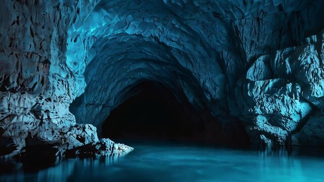 A big spacious Dark cave with water and blue fluorescence