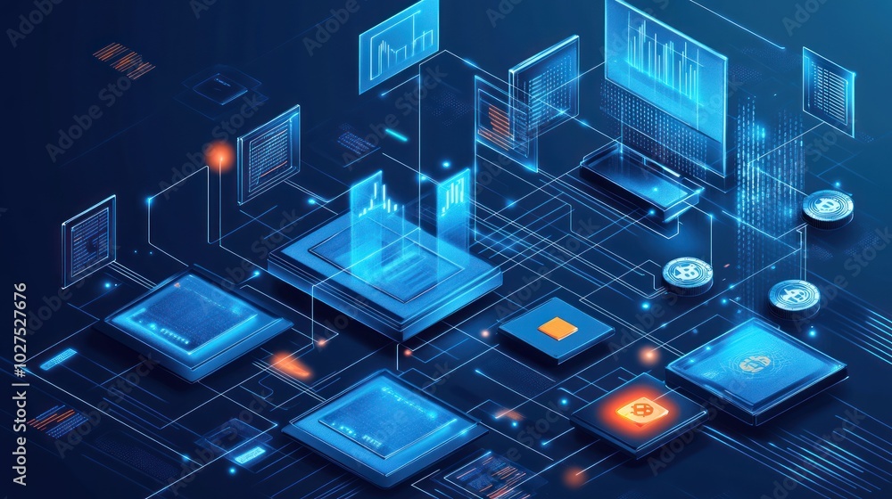 Poster finance growth graph with blockchain technology, showing a graph that integrates blockchain data str