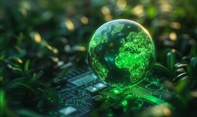 A glowing green Earth globe sits on a circuit board, surrounded by green grass. This image symbolizes the interconnectedness of technology and nature.