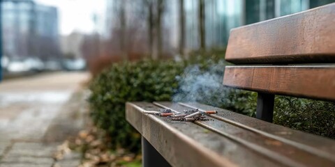 A park bench in an urban setting, adorned with several extinguished cigarette butts, hinting at past conversations and solitude amid the cityscape's backdrop.