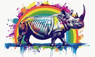 A grey rhinoceros is standing on a blue surface with a rainbow arch and colorful paint splatters behind it.