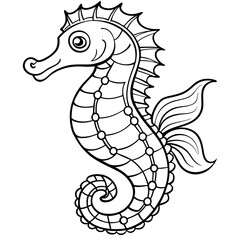 Fototapeta premium simple icon Children coloring book page, line art, monochrome black and white, cartoon outline cute style, illustration of seahorse