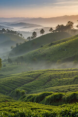 A panoramic view of tea plantations on misty hills during sunrise.