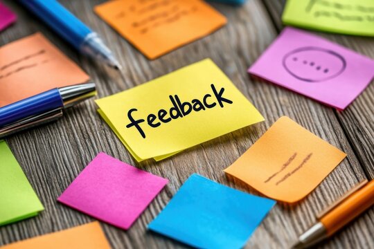 Post-it speech bubbles in a variety of colors, showing 'feedback' words