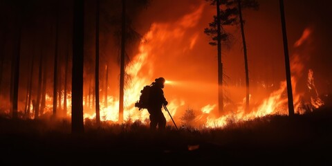 Fototapeta premium A firefighter silhouette stands against a fiery backdrop of a forest wildfire, demonstrating bravery and determination as they tackle the raging flames under a night sky.