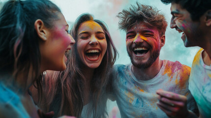 Joyful young friends celebrate a vibrant festival covered in colorful powder at sunset