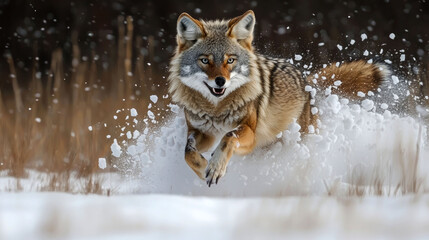 Obraz premium A coyote runs through the snow, kicking up snow with its paws, as it looks directly at the camera.