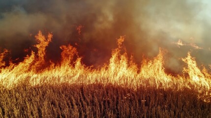 Raging Wildfire Consuming Dry Wheat Field in Scorching Heatwave