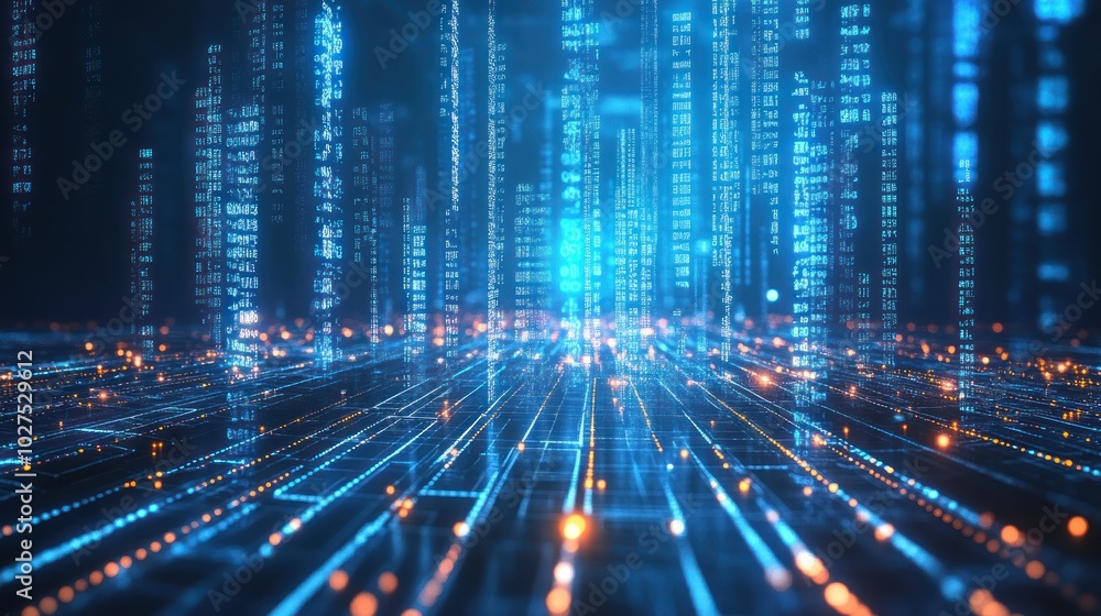 Poster glowing lines in blockchain-powered supply chain data, depicting glowing data lines flowing through 