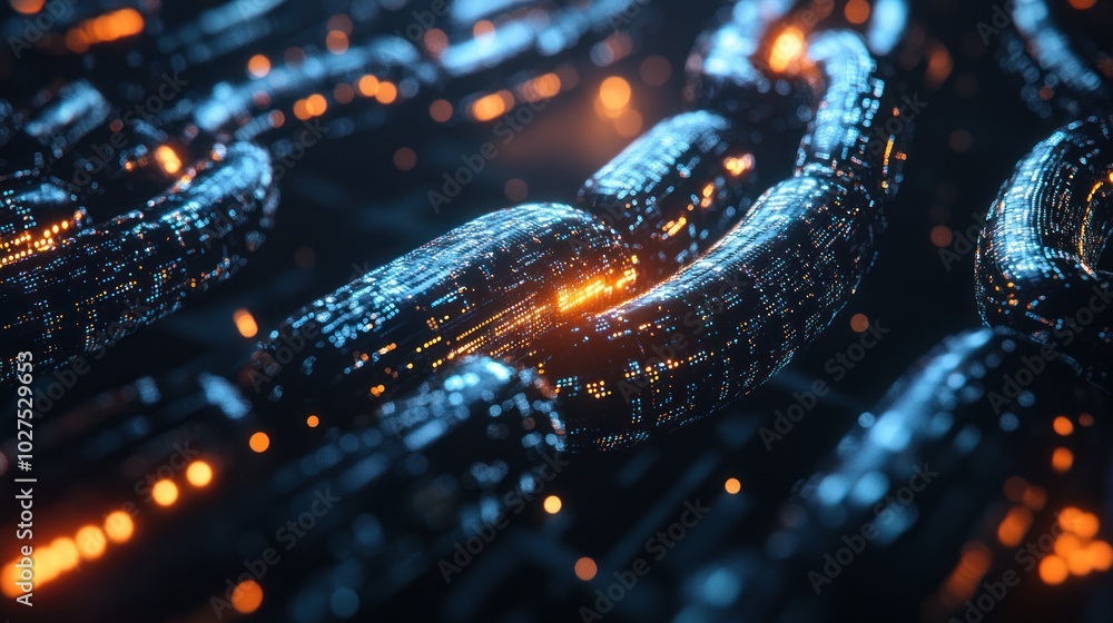 Poster glowing lines in blockchain-powered supply chain data, depicting glowing data lines flowing through 