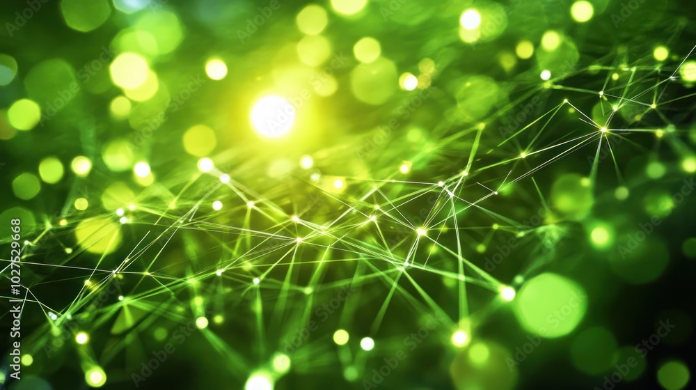 Poster glowing lines in green technology data systems, depicting a network of glowing lines connected to re