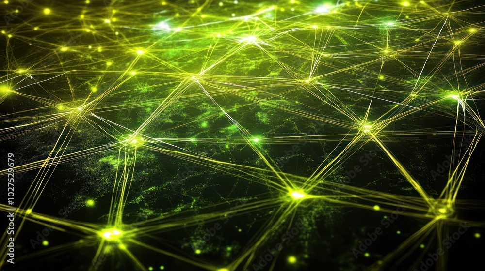 Aufkleber glowing lines in green technology data systems, depicting a network of glowing lines connected to re