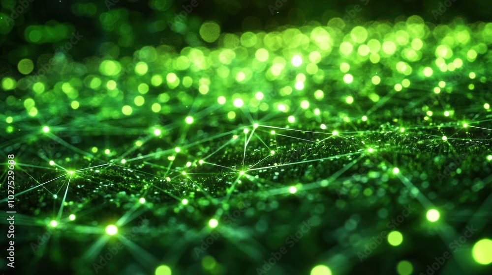Wall mural glowing lines in green technology data systems, depicting a network of glowing lines connected to re