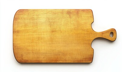 A rustic wooden cutting board with a handle isolated on a white background.