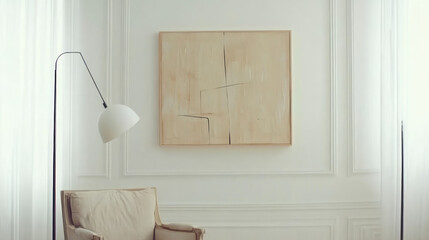 Elegant Living Room with Minimalist Beige Abstract Painting and Serene Ambiance