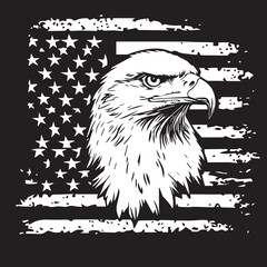 Black and white vector graphic of an american flag with the head of bald eagle in front, t-shirt design flat illustration.