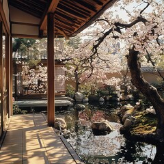 A serene Japanese garden with cherry blossoms, a tranquil pond, and wooden pathways, evoking peace and natural beauty.