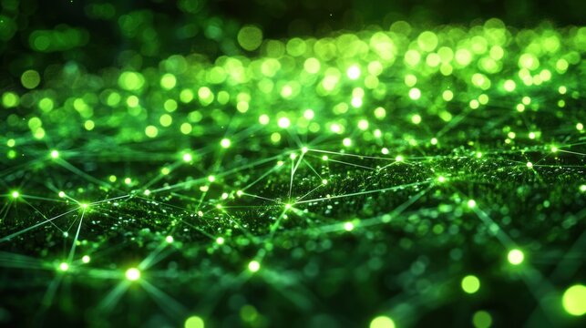 Glowing lines in green technology data systems, depicting a network of glowing lines connected to renewable energy systems and environmental data, 