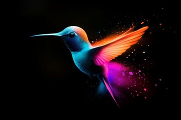 Digital art piece hummingbird flight mid-flight its wings Birds. Dispersion, splatter effect