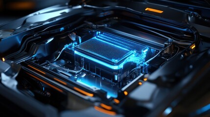 Obraz premium Graphene-based EV battery for high efficiency, featuring a next-gen battery with graphene technology, offering faster charging, 