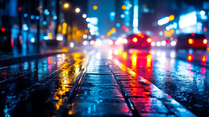 Obraz premium Vibrant City Street Reflections at Night
