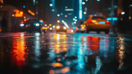 Fototapeta premium Rainy Night in the City with Reflections on Wet Streets