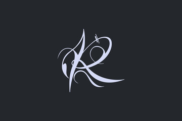 White calligraphy letter R logo lettering isolated on black background.