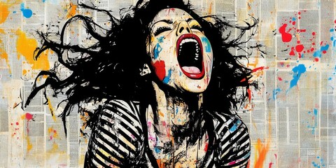 Digital art piece that appears to be portrait Woman screaming for rights