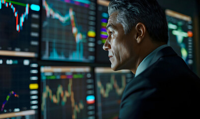 Senior market analyst studying data on computer displays