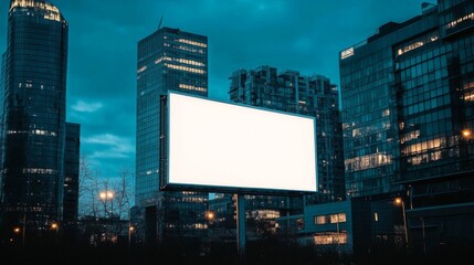 Large blank billboard middle city night is illuminated horizontal advertising