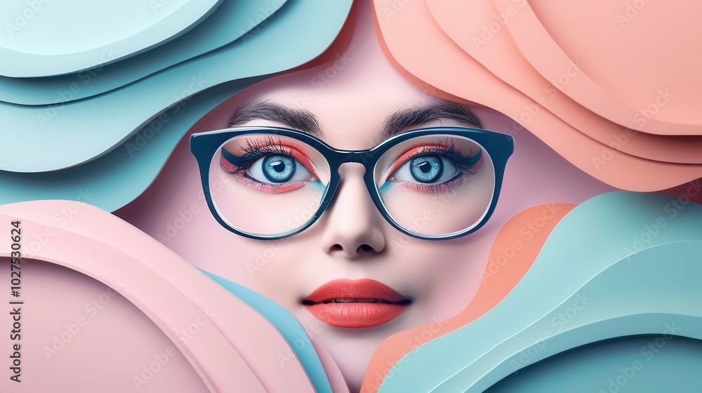 Aufkleber eyeglasses resting prominently in front of a vibrant and creative background featuring stylized eyes