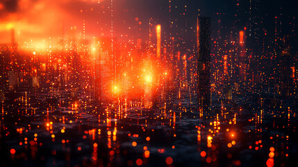 Fototapeta premium A futuristic city skyline with a glowing red sky, creating an apocalyptic atmosphere.