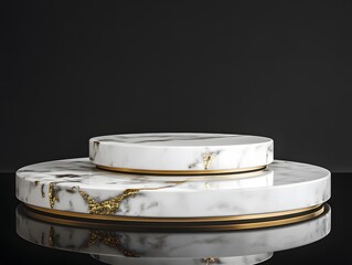 Elegant marble display stands with gold accents on a reflective surface.