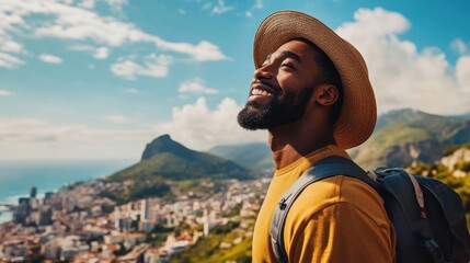 Happy African American in travel photography, capturing a joyful man exploring scenic landscapes or vibrant cityscapes, symbolizing the excitement and joy of travel and new experiences.